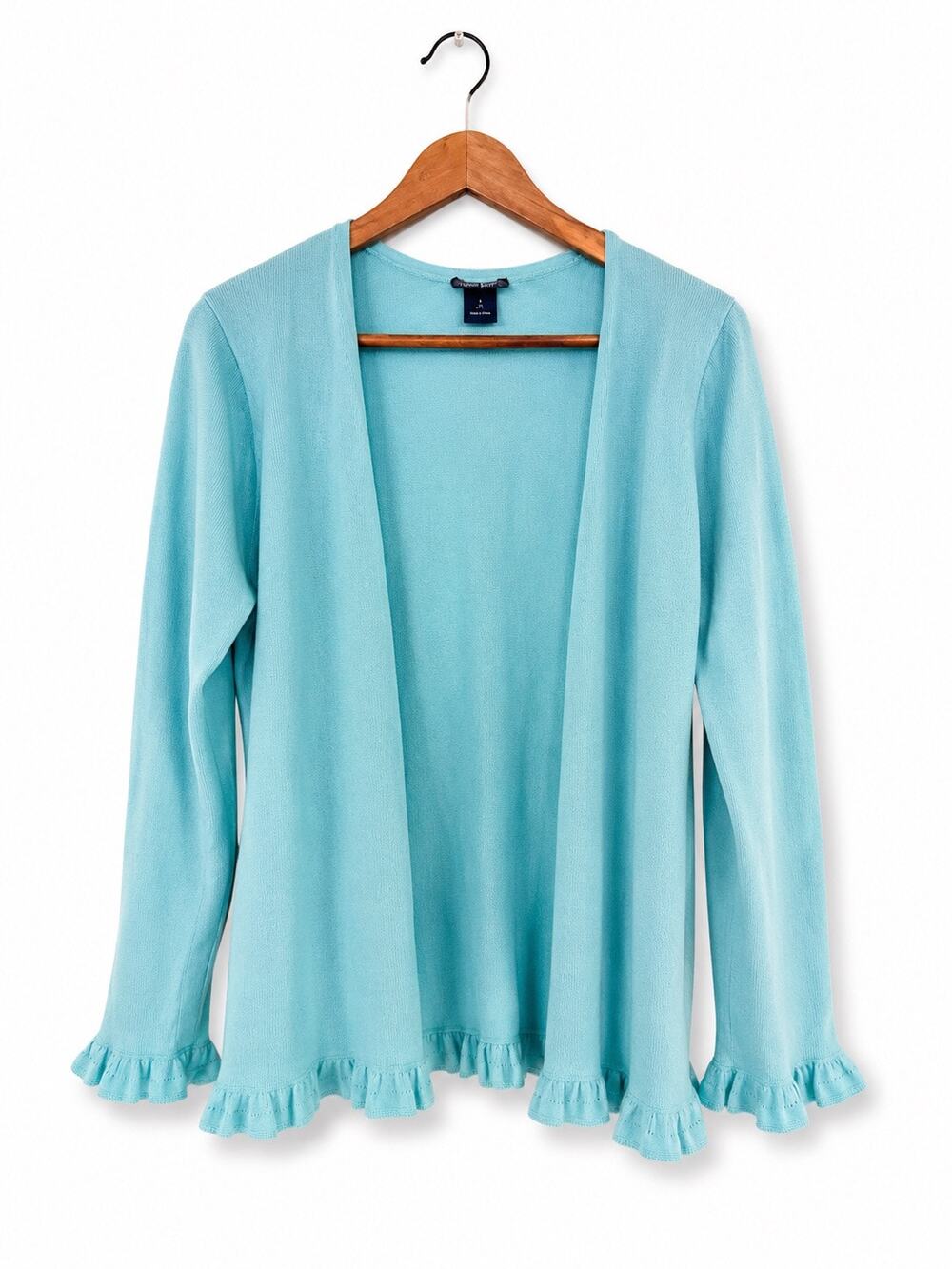 Doncaster Aqua Open-Front Ruffle-Hem Cardigan